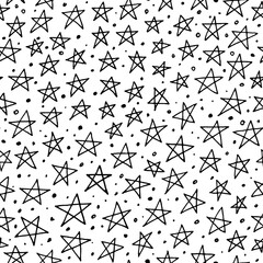 Seamless pattern with small doodle stars. Monochrome abstract vector texture with scattered stars and tiny dots. Seamless pattern for holidays, Christmas or Birthday. Cute cosmos ornament.