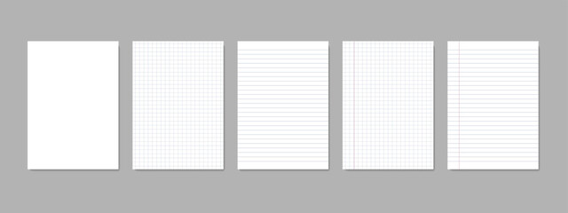 Realistic white notepad sheets: striped, checkered, with margins, for writing, empty. Isolated on a gray background with realistic shadows. Vector illustration