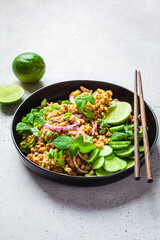 Thai chicken salad larb gai with onion, cucumber and mint. Asian food concept.