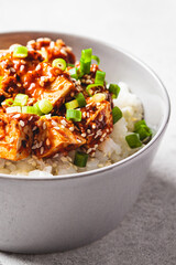 Korean dubu-jorim - braised spicy bean curd with rice in gray bowl, light background. Asian vegetarian food concept.