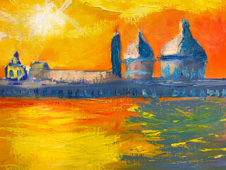 Original oil painting. Seascape. Sunset. Modern painting. Yellow painting. 