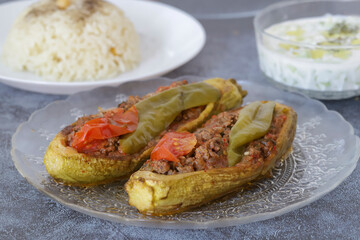 Traditional delicious Turkish food; Meat and Zucchini dish, (Turkish name: Kabak Karniyarik)