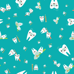 Kawaii tooth kids dental care vector educational seamless pattern background. Cute cartoon characters with toothbrush, tooth paste, brushing teeth. Fun children oral health pink white repeat.