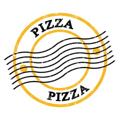 PIZZA, text written on yellow-black  postal stamp.