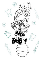 Cartoon character. Zombies in the background. Gentleman with bow tie. Thumbs up. Background from elements.