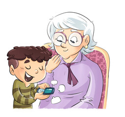 Illustration of a boy teaching his grandmother to use the mobile - 520535417