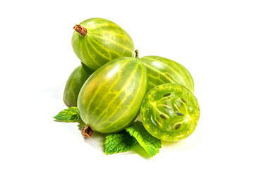 Gooseberry with leaf isolated on white.