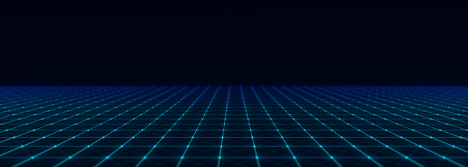 Technology perspective grid. Digital space wireframe landscape. Blue mesh on a black background. 3d rendering.