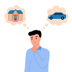 Man thinking to buy house or car concept vector illustration on white background. Young man holds his chin and making decision.