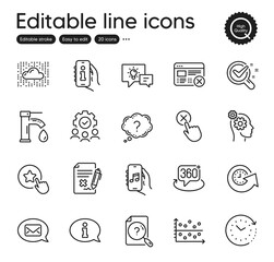 Set of Technology outline icons. Contains icons as Music app, Dot plot and Teamwork elements. Reject click, Reject web, 360 degree web signs. Question mark, Idea lamp, Search document elements. Vector