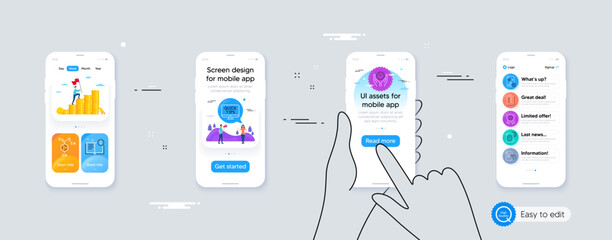 Set of Safe time, Project deadline and Manual line icons. Phone ui interface. Include Hold document, Checklist, Chemical formula icons. Ranking star, Report, Web tutorials web elements. Vector