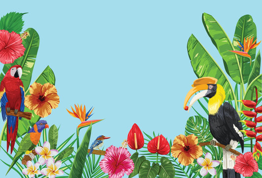 Exotic border with tropical birds Macaw, Hornbill and plants illustration