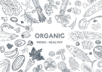 Healthy eating. Organic food illustration. Healthy food frame vector illustration. Vegetables, fruits and meat. Hand drawn sketch.