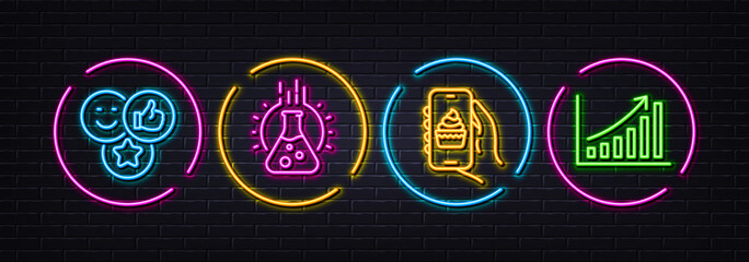 Food app, Chemistry lab and Like minimal line icons. Neon laser 3d lights. Graph chart icons. For web, application, printing. Smartphone cake, Laboratory, Social media likes. Growth report. Vector
