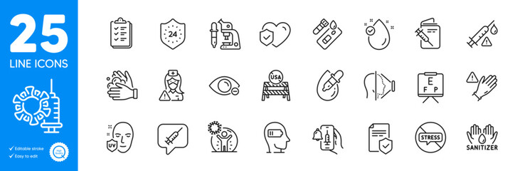 Outline icons set. Microscope, 24 hours and Vaccine attention icons. Covid test, Vaccine announcement, Face id web elements. Insurance policy, Nurse, Life insurance signs. Vector