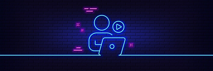 Neon light glow effect. Video conference line icon. Online training sign. Start presentation symbol. 3d line neon glow icon. Brick wall banner. Video conference outline. Vector