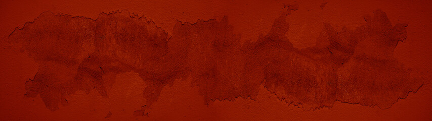 Old grunge abstract weathered damaged aged peeled off red colored painted concrete cement facade plaster wall texture background banner panorama