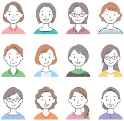 中年女性　顔　アイコン　セット