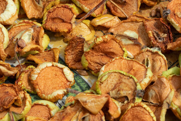 Dried apples. Homemade sun-dried organic apple slices, crispy apple chips.