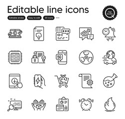 Set of Technology outline icons. Contains icons as Charging app, Technical documentation and Cross sell elements. Thumb down, Search, Security contract web signs. Card, Hold box. Vector