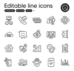 Set of Technology outline icons. Contains icons as Search employee, Quick tips and Ram elements. Sign out, Communication, Graph chart web signs. Survey results, Oil barrel. Vector