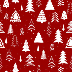 Obraz premium Seamless pattern with stylized Christmas trees on red background.
