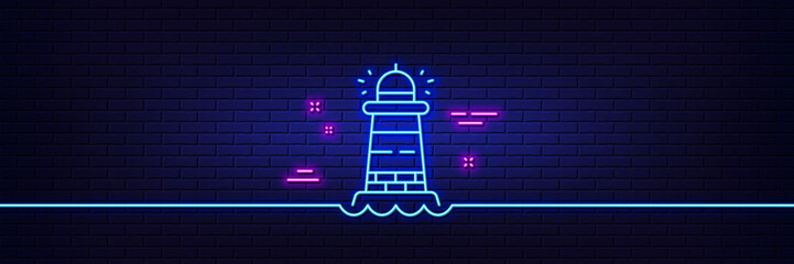 Neon light glow effect. Lighthouse line icon. Searchlight tower sign. Beacon symbol. 3d line neon glow icon. Brick wall banner. Lighthouse outline. Vector