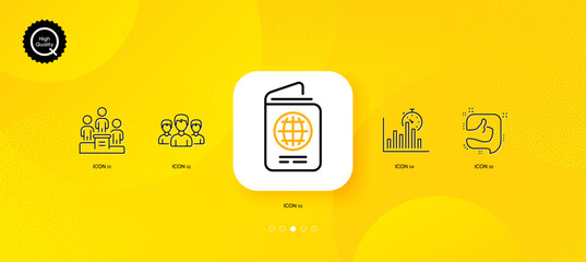 Fototapeta na wymiar Group, Report timer and Passport minimal line icons. Yellow abstract background. Business podium, Like icons. For web, application, printing. Group of people, Growth chart, Id document. Vector