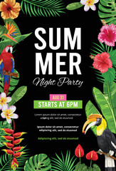 Black with colorful tropical birds and plants summer night party invitation. Vector © rexandpan