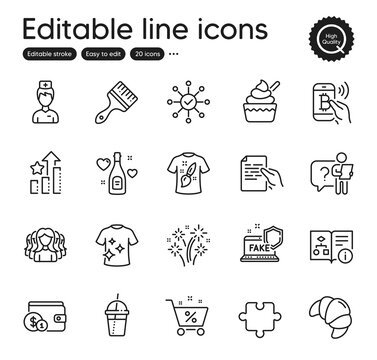 Set of Business outline icons. Contains icons as Clean t-shirt, Coffee cocktail and Buying accessory elements. Bitcoin pay, Doctor, Fake internet web signs. T-shirt design. Vector