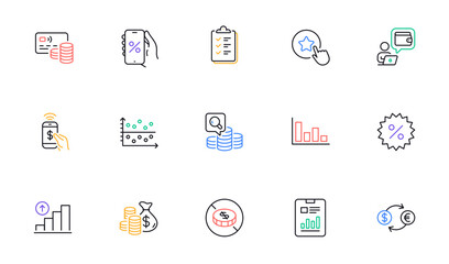 Checklist, Wallet and Discounts app line icons for website, printing. Collection of Report document, Discount, Graph chart icons. Inspect, Coins bag, Phone payment web elements. Vector
