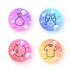 Money bag, Wedding glasses and T-shirt minimal line icons. 3d spheres or balls buttons. Refresh like icons. For web, application, printing. Euro currency, Love champagne, Short sleeves shirt. Vector