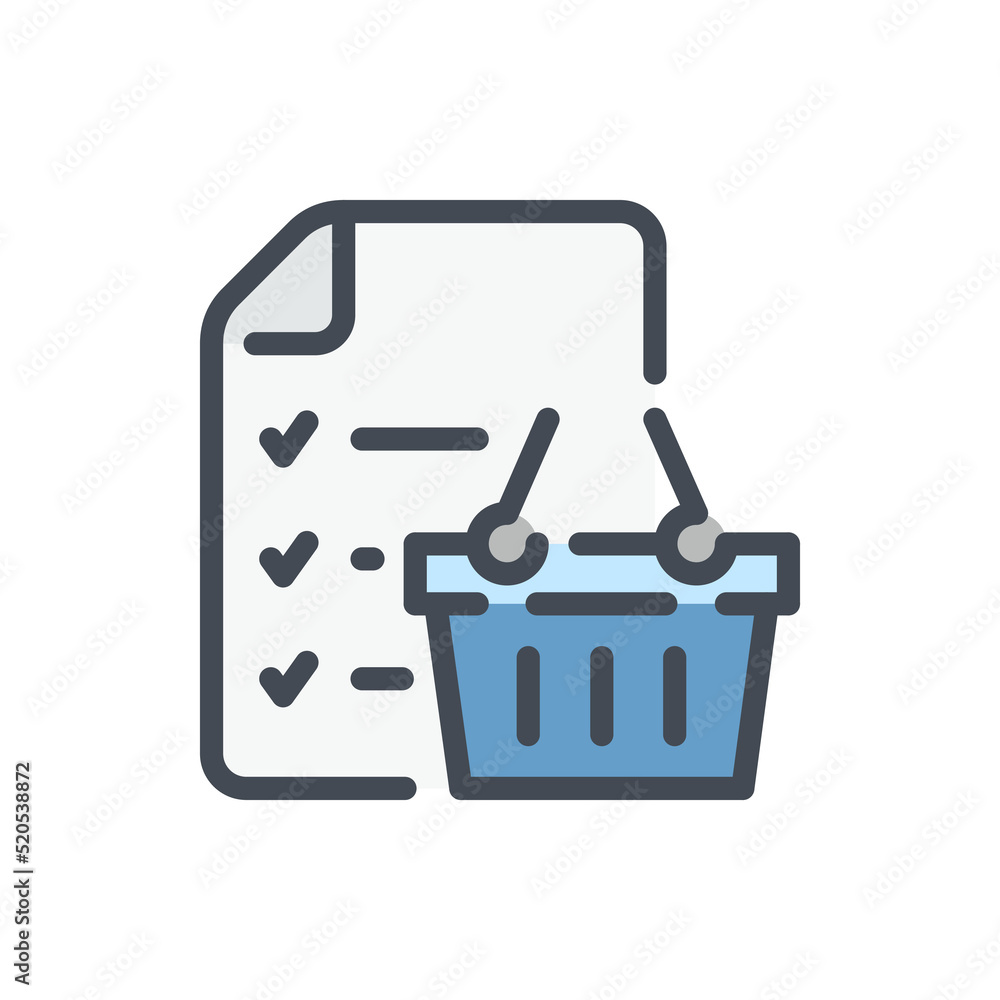 Poster shopping list color line icon. document with checklist and shopping basket vector outline colorful s