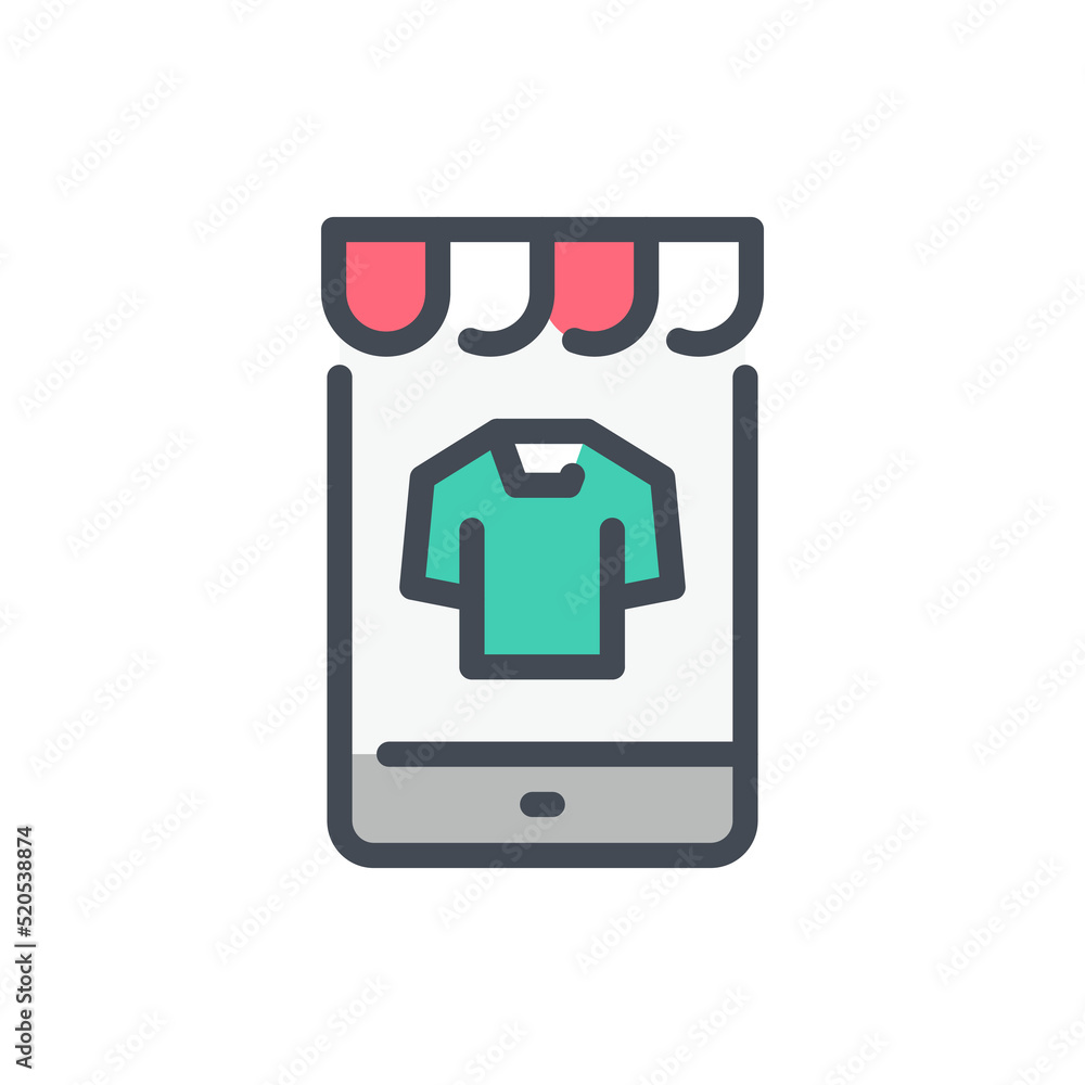 Poster online store and mobile shopping color line icon. smartphone with shop product on display vector out