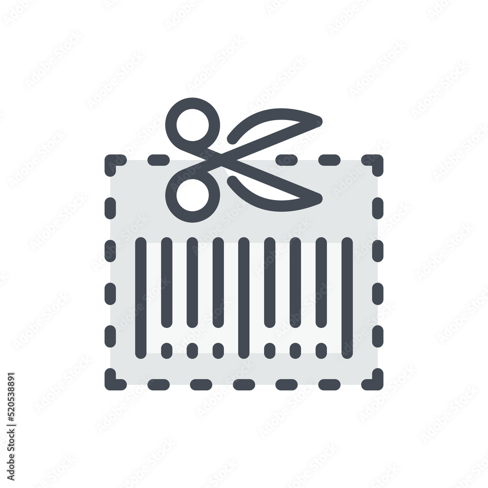 Poster cut coupon with discount code color line icon. scissors and barcode vector outline colorful sign.