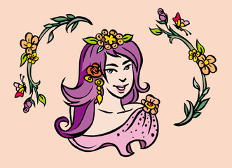 girl with flowers vector for card illustration decoration background