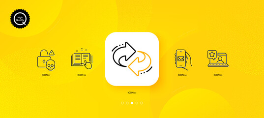 Fototapeta na wymiar Cyber attack, Refresh and Online rating minimal line icons. Yellow abstract background. Technical documentation, Mail app icons. For web, application, printing. Vector