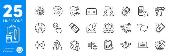 Outline icons set. Stress, Accounting report and Correct answer icons. Chemical hazard, Open mail, Speech bubble web elements. Copyright, Rejected payment, Checkbox signs. Winner star. Vector