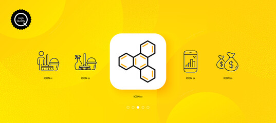Fototapeta na wymiar Graph phone, Household service and Coins bags minimal line icons. Yellow abstract background. Cleaning, Chemical formula icons. For web, application, printing. Vector