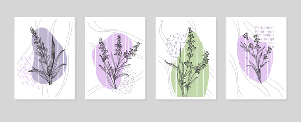 Lavender Abstract Hand Painted Illustrations for Wall Decoration, Postcard, Social Media Banner, Brochure Cover Design Background. Modern Abstract Painting Artwork. Vector Pattern © yanushkov