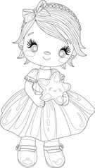 Cute cartoon girl with bow in dress with star toy sketch template. Graphic vector illustration in black and white for games, background, pattern, decor. Childrens story book, coloring paper, page