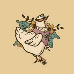 A cute chicken in glasses and clothes on a background of flowers and leaves. Postcard, banner, web, print, textile. Vector illustration
