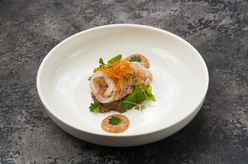 chicken roll stuffed with vegetables in a restaurant