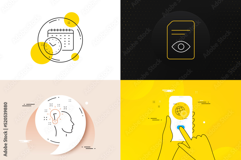 Poster minimal set of calendar time, idea and view document line icons. phone screen, quote banners. globe 