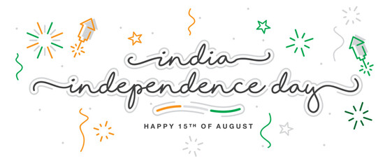 India independence day handwritten lettering typography calligraphy with stars, firework, confetti, and abstract India flag ribbon isolated on white background - obrazy, fototapety, plakaty