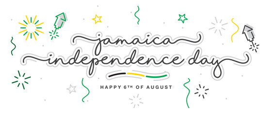 Jamaica independence day handwritten lettering typography calligraphy with stars, firework, confetti, and abstract Jamaica flag ribbon isolated on white background