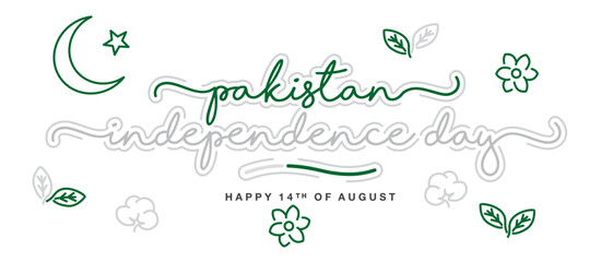Pakistan independence day handwritten lettering typography calligraphy with abstract Pakistan flag ribbon and symbols moon, star, cotton, tea leafs, flowers isolated on white background