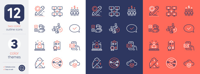 Set of Messenger mail, Approved message and Meeting line icons. Include Stress protection, Cloud computing, Best manager icons. Inspect, Project edit, Video conference web elements. Vector