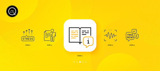 Fototapeta na wymiar Fake news, Job interview and Stress grows minimal line icons. Yellow abstract background. Manual, Voice wave icons. For web, application, printing. Wrong fact, Cv file, Mental anxiety. Vector