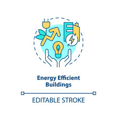 Energy efficient buildings concept icon. Innovative upgrade. Energy efficiency abstract idea thin line illustration. Isolated outline drawing. Editable stroke. Arial, Myriad Pro-Bold fonts used